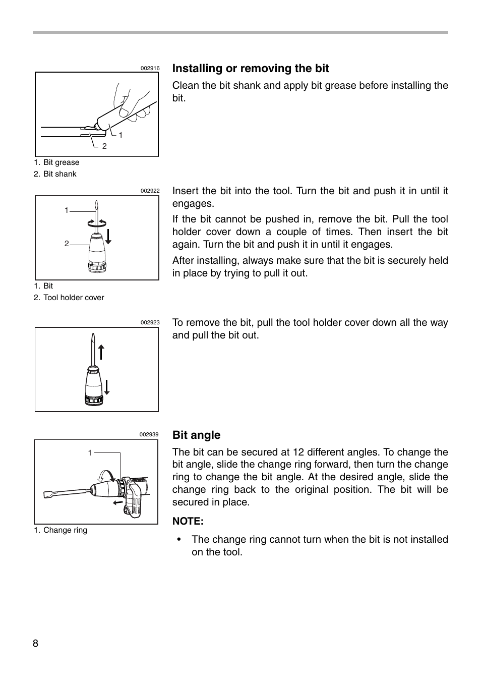 Installing or removing the bit, Bit angle | Makita HM1202 User Manual | Page 8 / 16