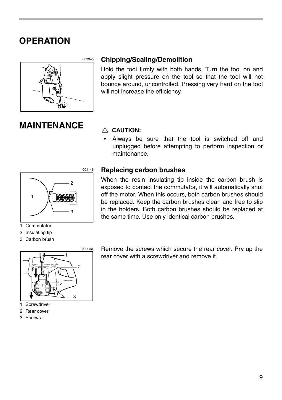 Operation, Maintenance, Chipping/scaling/demolition | Replacing carbon brushes | Makita HM1202 User Manual | Page 9 / 16