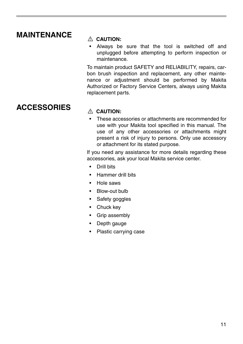Maintenance, Accessories | Makita HP1621 User Manual | Page 11 / 16