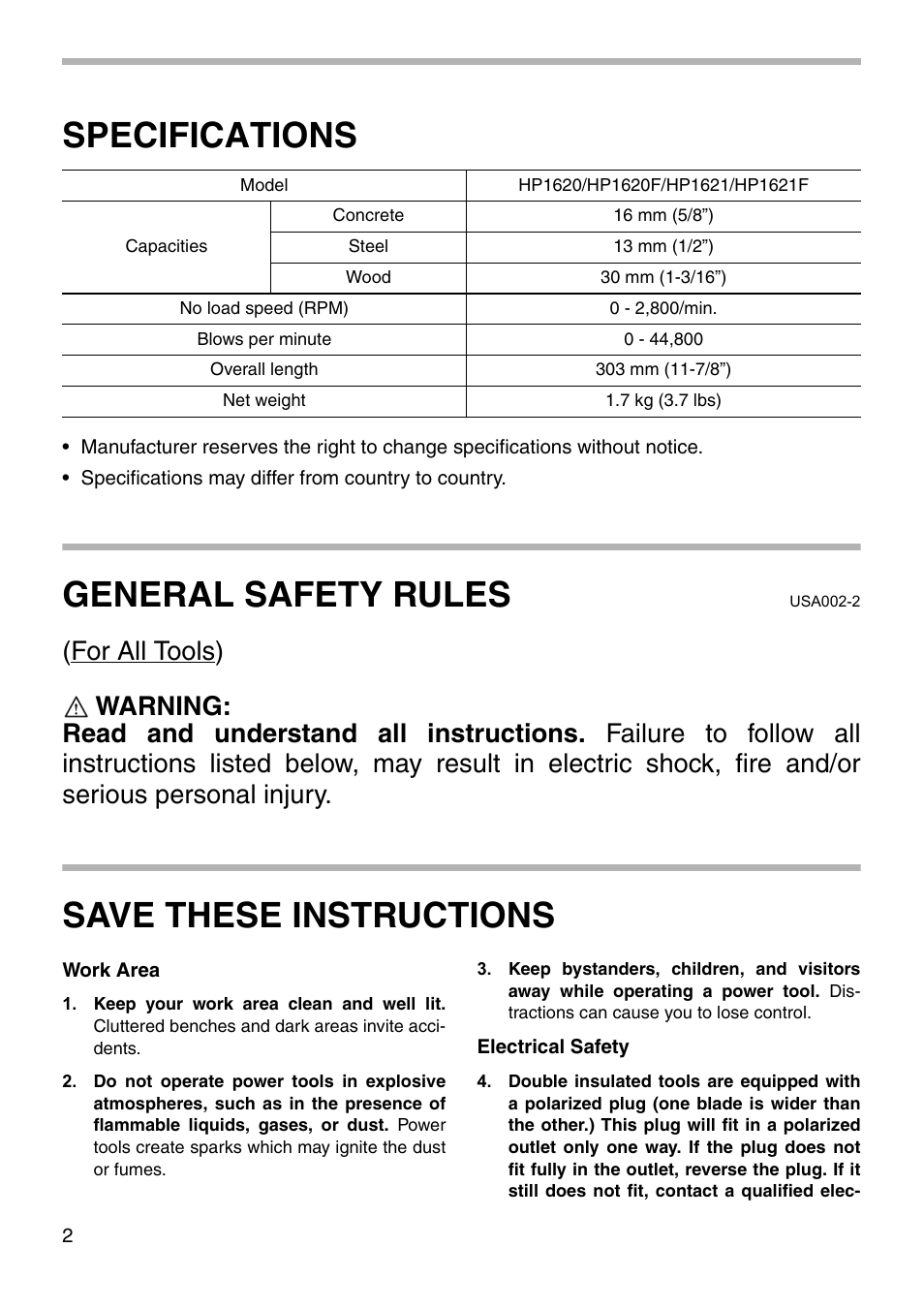 Specifications, General safety rules, Save these instructions | Makita HP1621 User Manual | Page 2 / 16