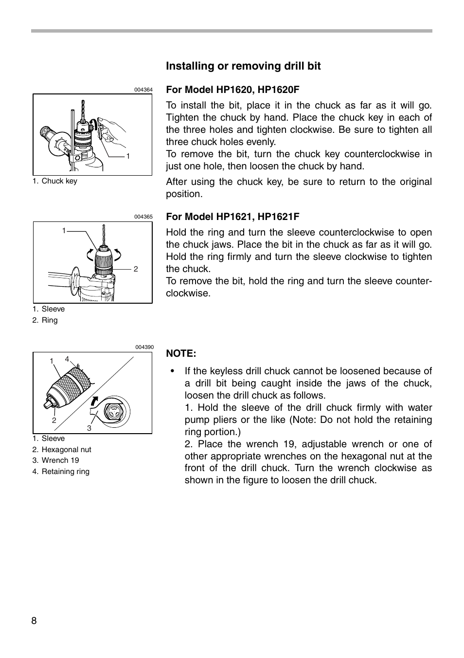 Installing or removing drill bit | Makita HP1621 User Manual | Page 8 / 16