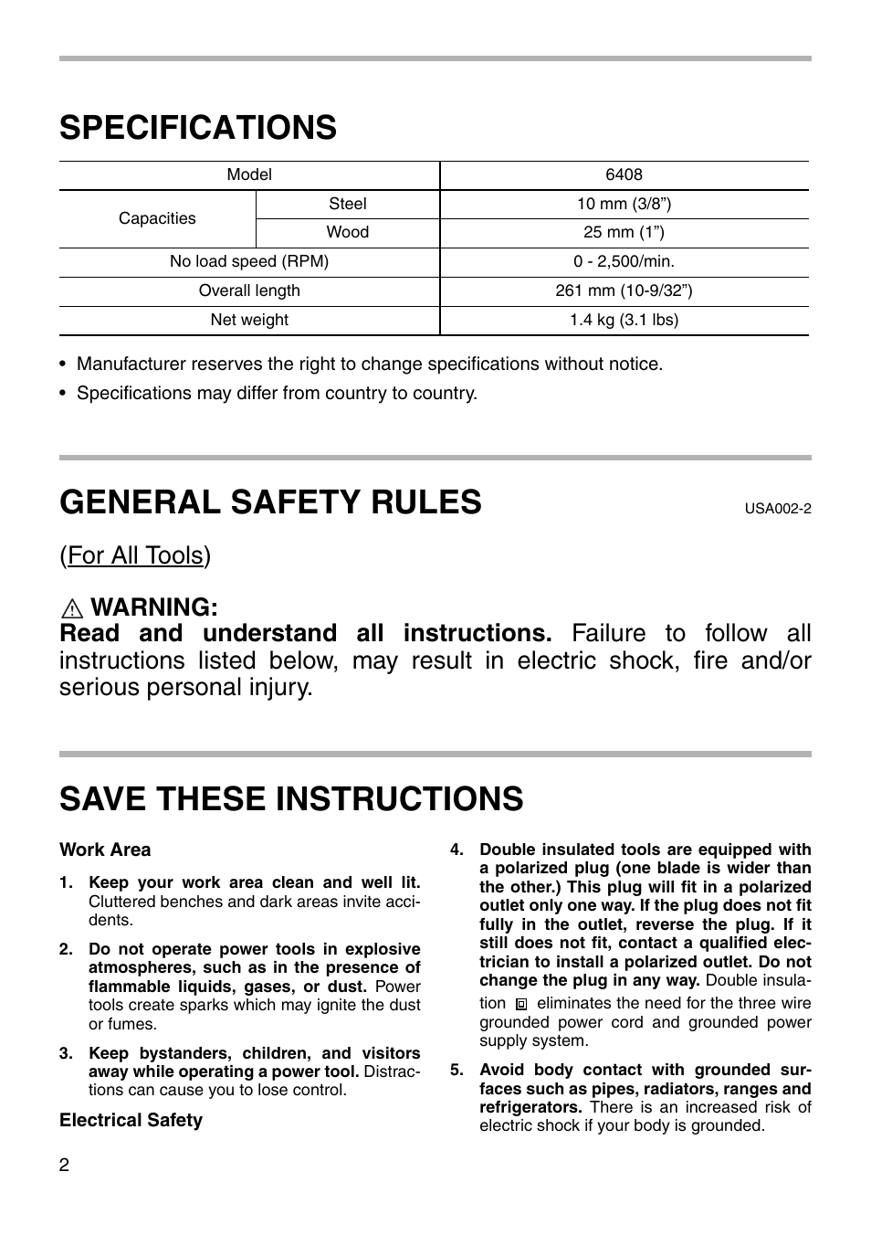 Specifications, General safety rules, Save these instructions | Makita 6408 User Manual | Page 2 / 12