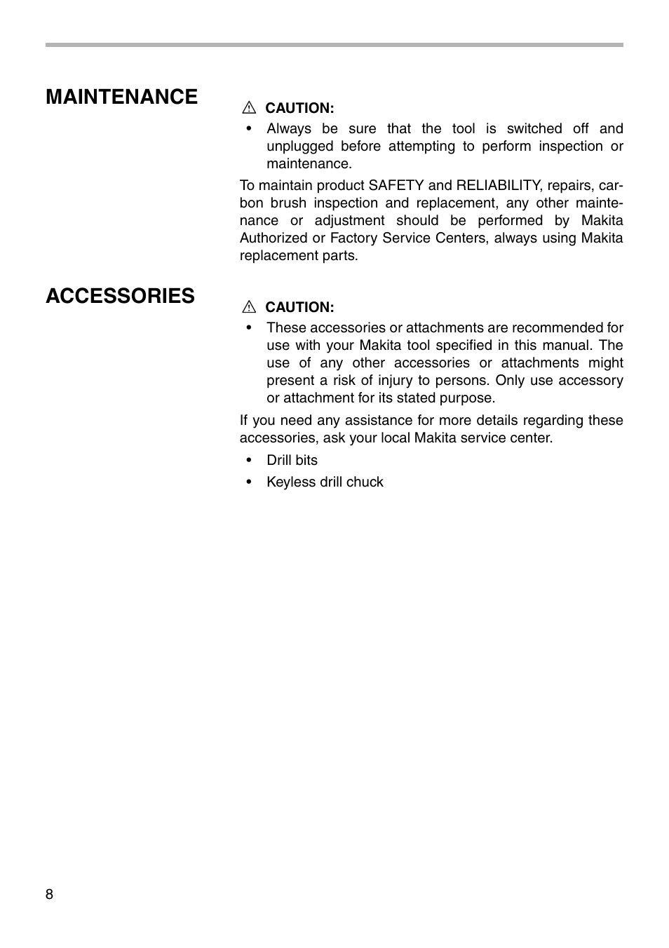 Maintenance, Accessories | Makita 6408 User Manual | Page 8 / 12