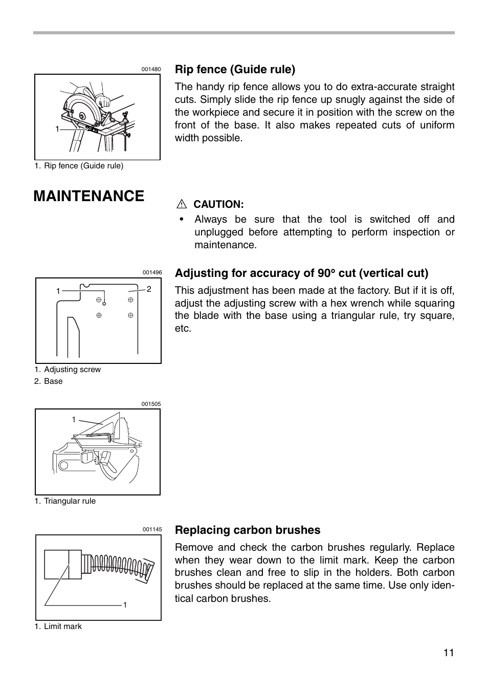 Maintenance, Rip fence (guide rule), Replacing carbon brushes | Makita 5007NBA User Manual | Page 11 / 16