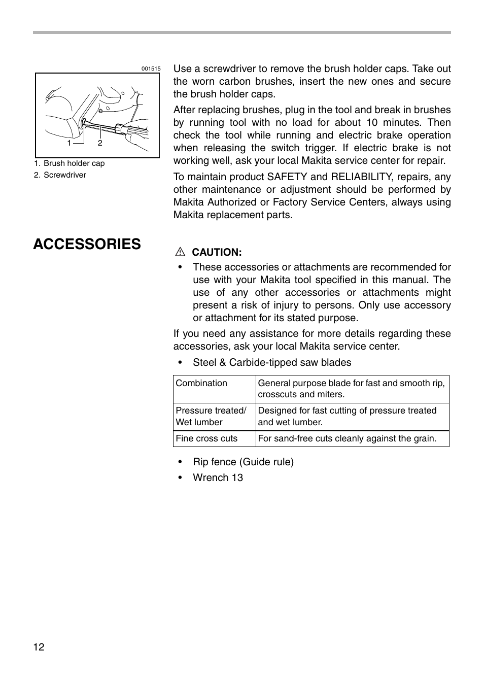 Accessories | Makita 5007NBA User Manual | Page 12 / 16