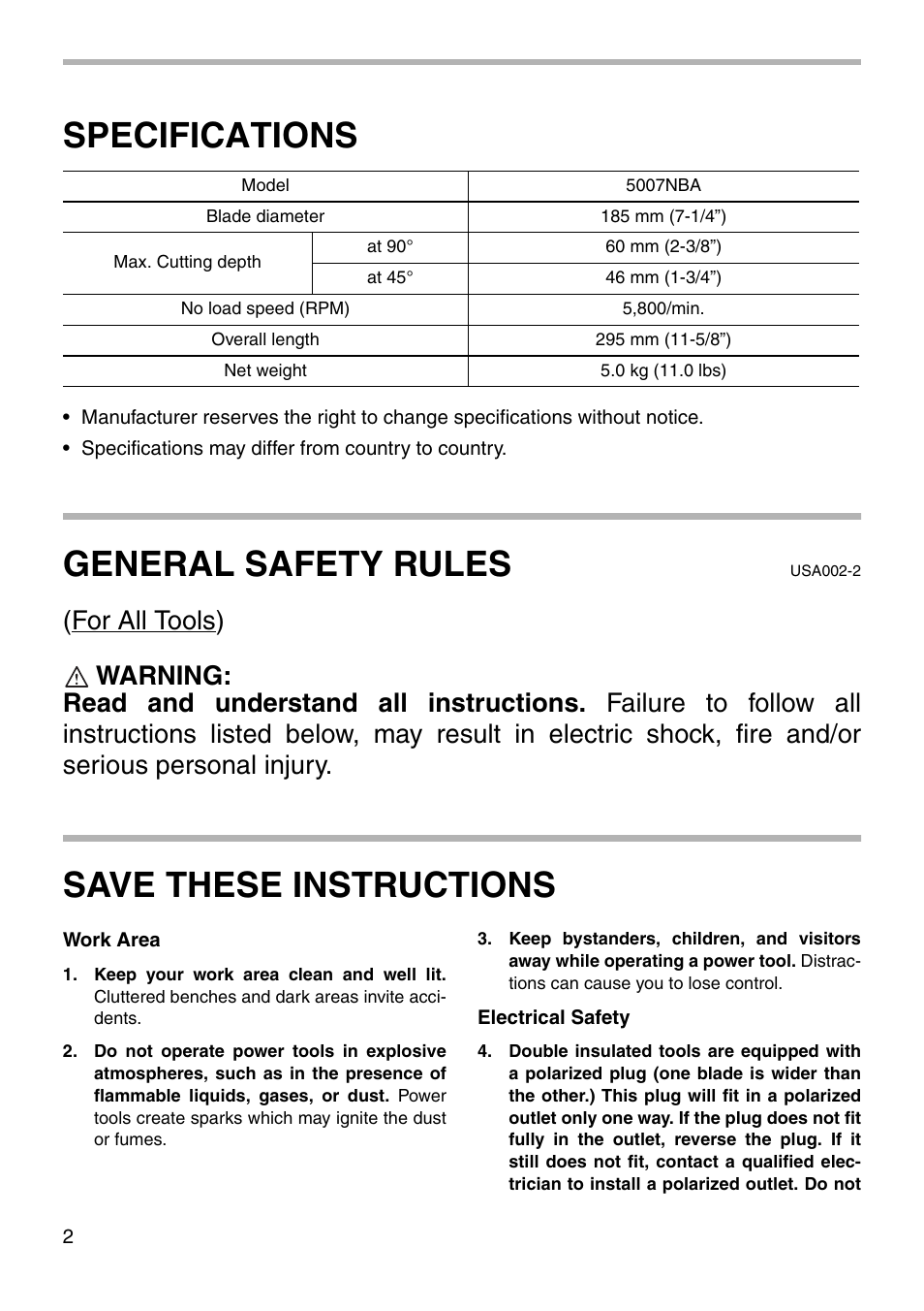 Specifications, General safety rules, Save these instructions | Makita 5007NBA User Manual | Page 2 / 16