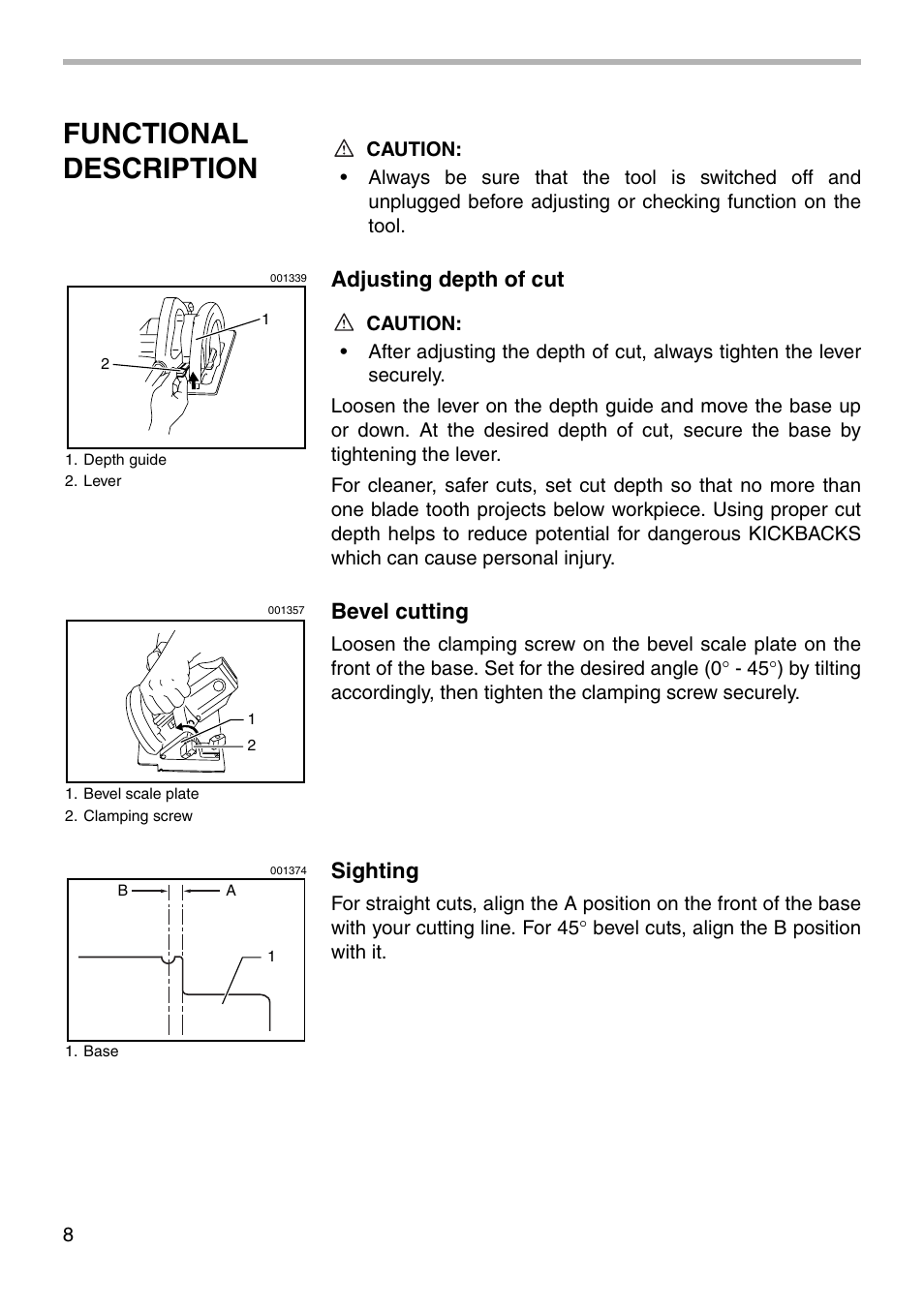 Functional description, Adjusting depth of cut, Bevel cutting | Sighting | Makita 5007NBA User Manual | Page 8 / 16