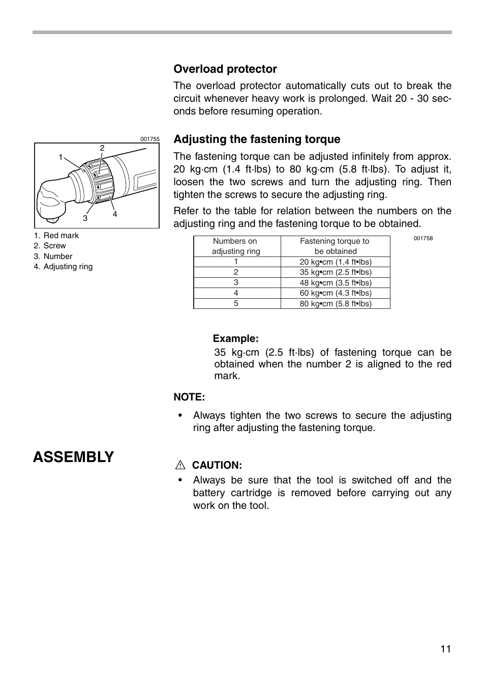 Assembly, Overload protector, Adjusting the fastening torque | Makita 6704D User Manual | Page 11 / 20