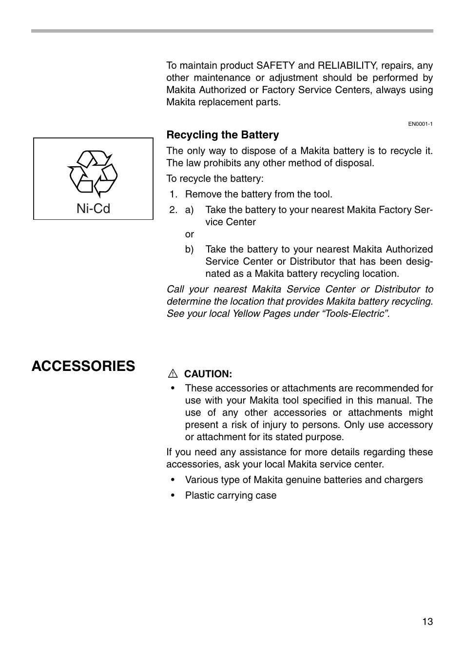 Accessories, Ni-cd | Makita 6704D User Manual | Page 13 / 20
