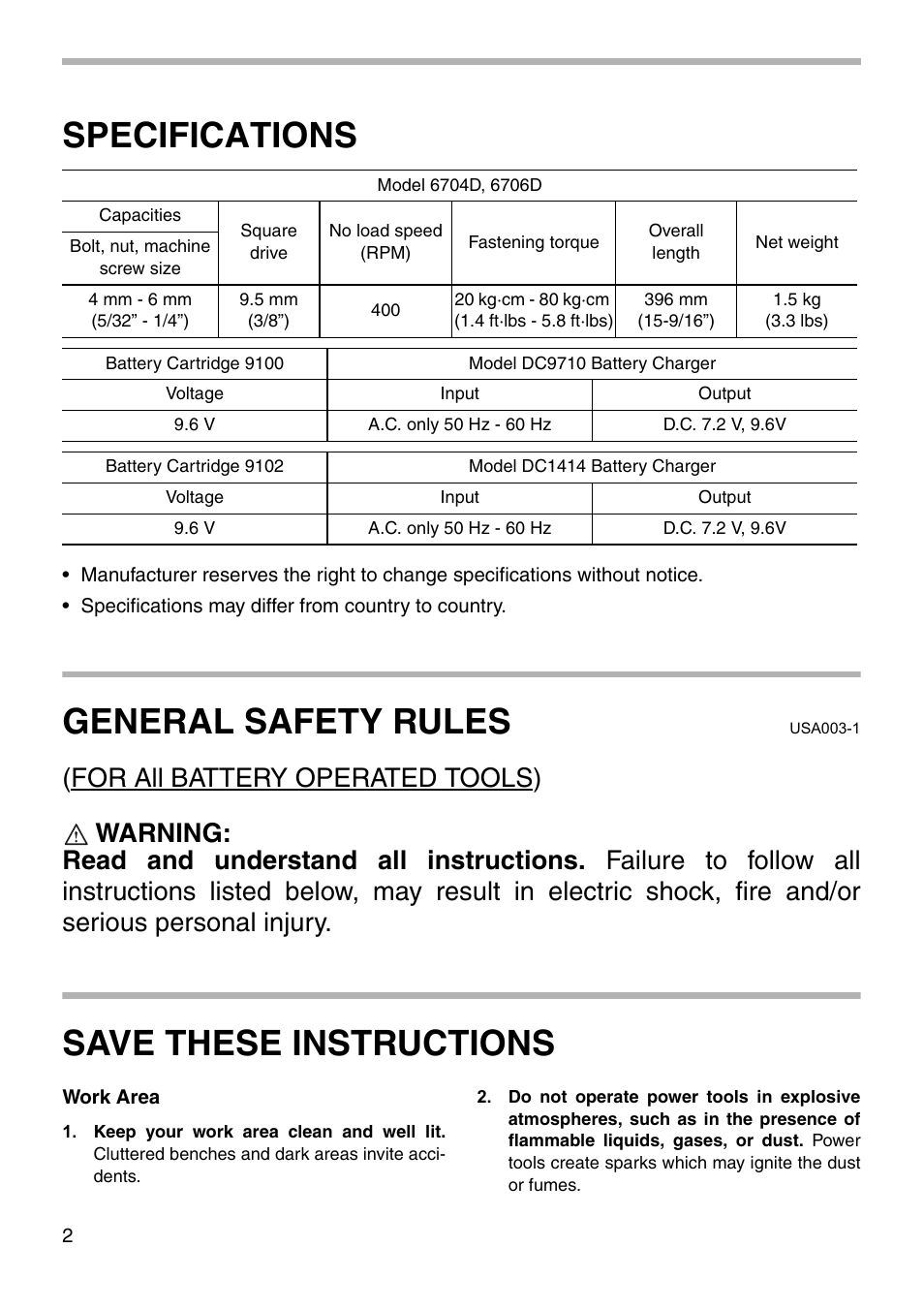Specifications, General safety rules, Save these instructions | Makita 6704D User Manual | Page 2 / 20