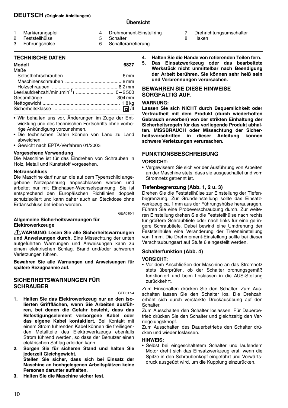 Deutsch | Makita Screwdriver 6827 User Manual | Page 10 / 32