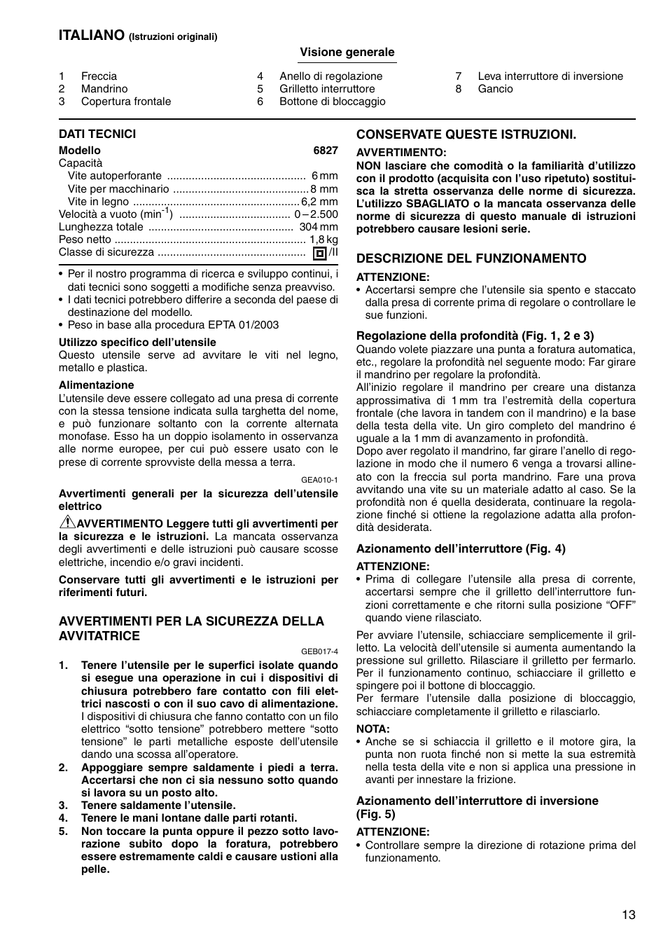 Italiano | Makita Screwdriver 6827 User Manual | Page 13 / 32