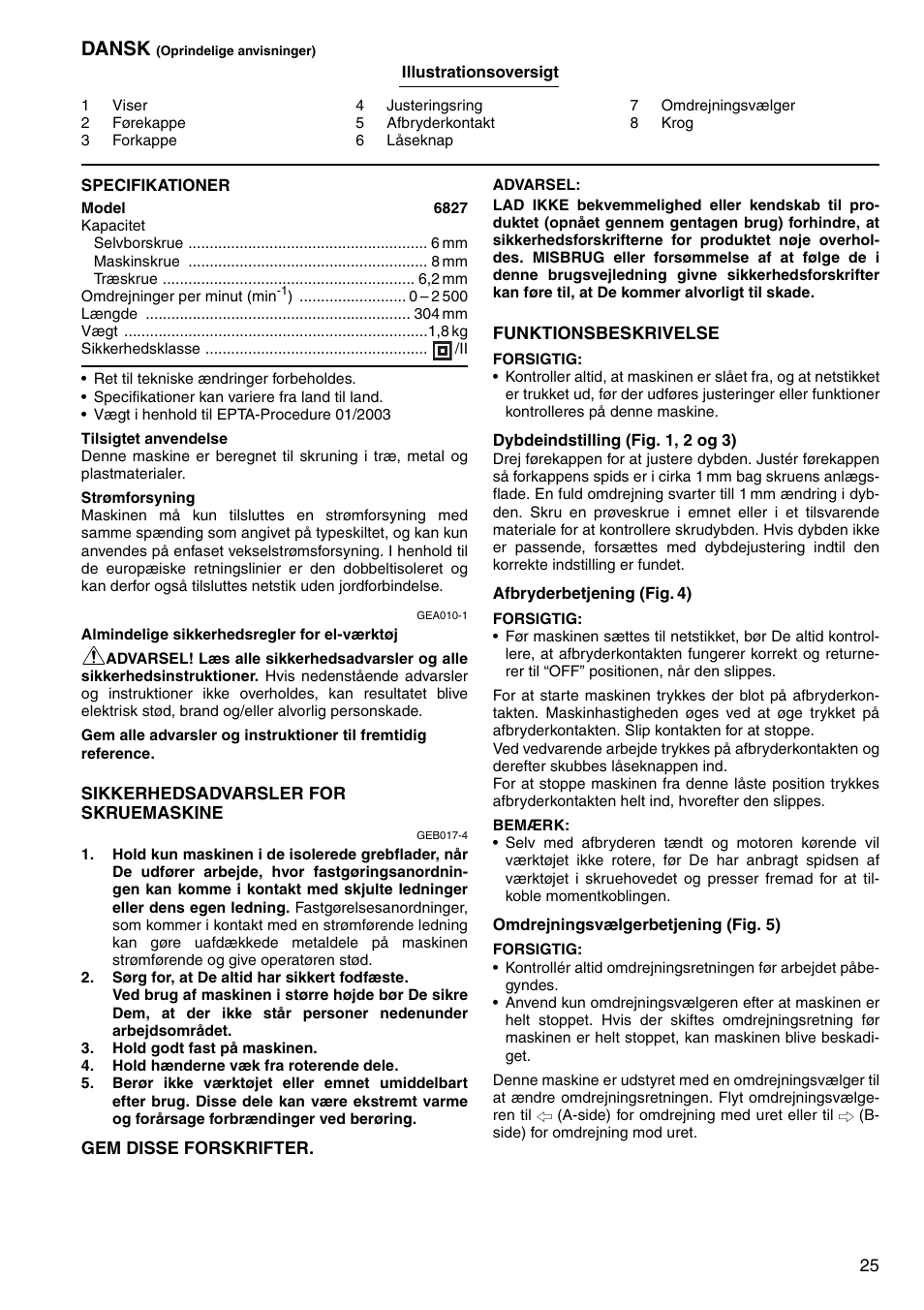 Dansk | Makita Screwdriver 6827 User Manual | Page 25 / 32