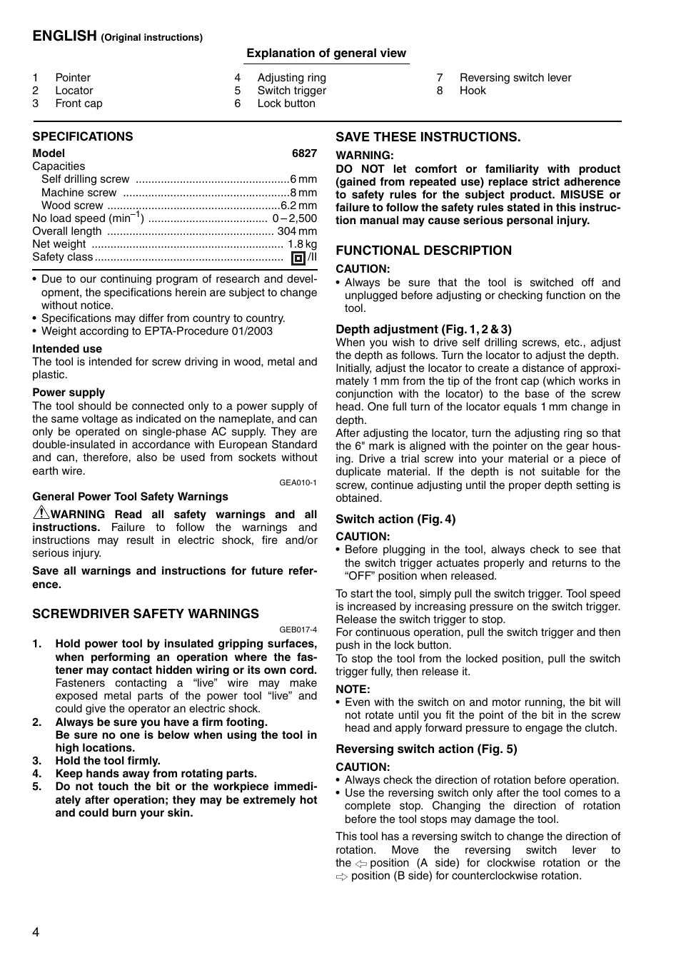 English | Makita Screwdriver 6827 User Manual | Page 4 / 32