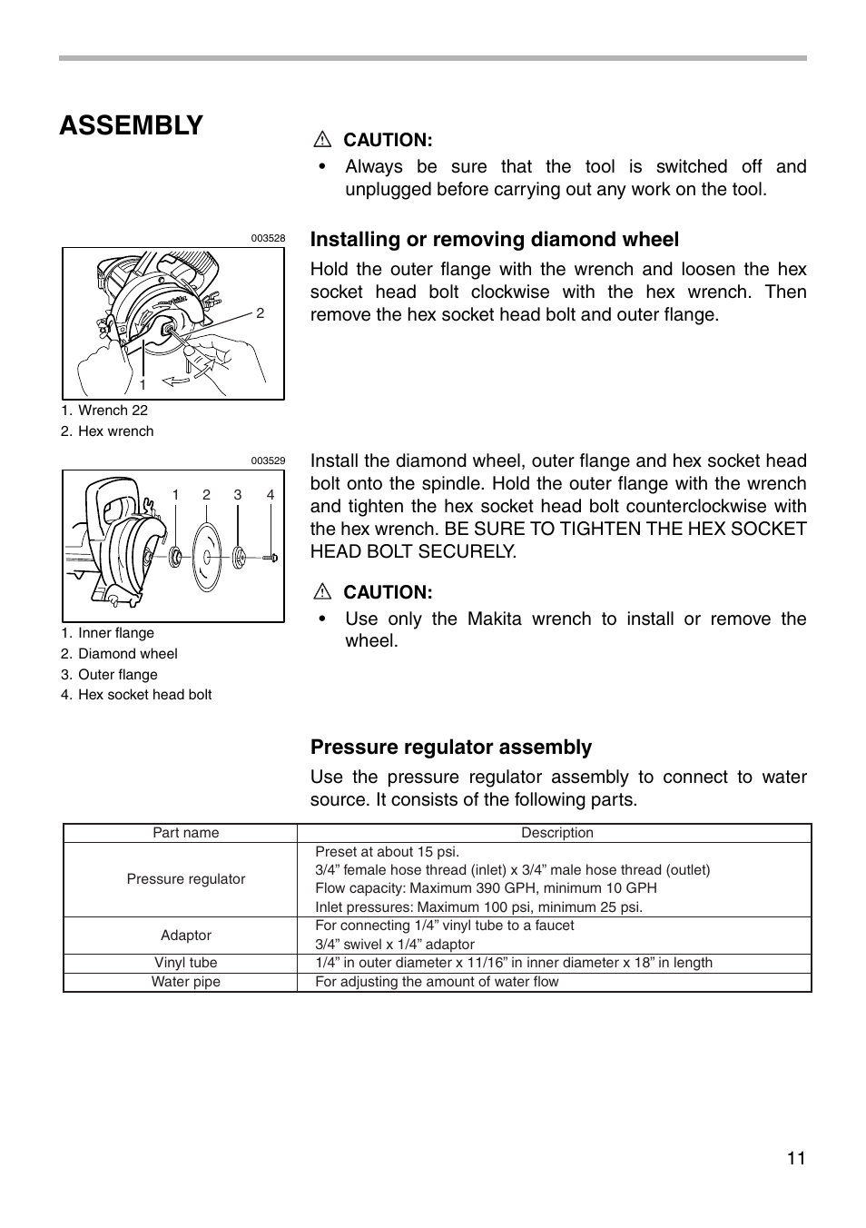 Assembly, Installing or removing diamond wheel, Pressure regulator assembly | Makita 4101RH User Manual | Page 11 / 20