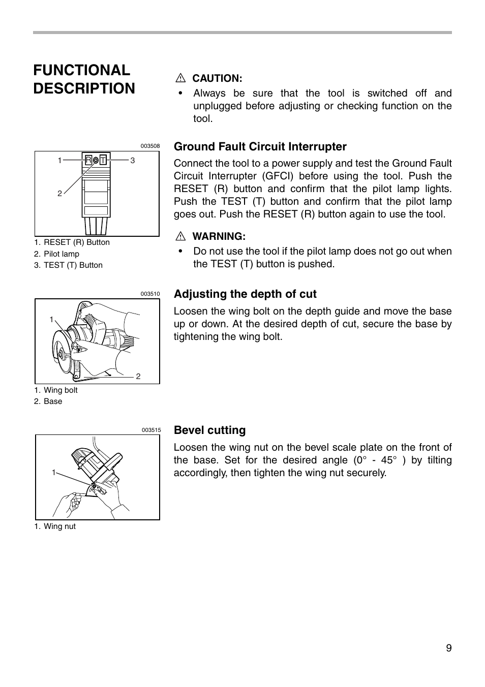 Functional description, Ground fault circuit interrupter, Adjusting the depth of cut | Bevel cutting | Makita 4101RH User Manual | Page 9 / 20