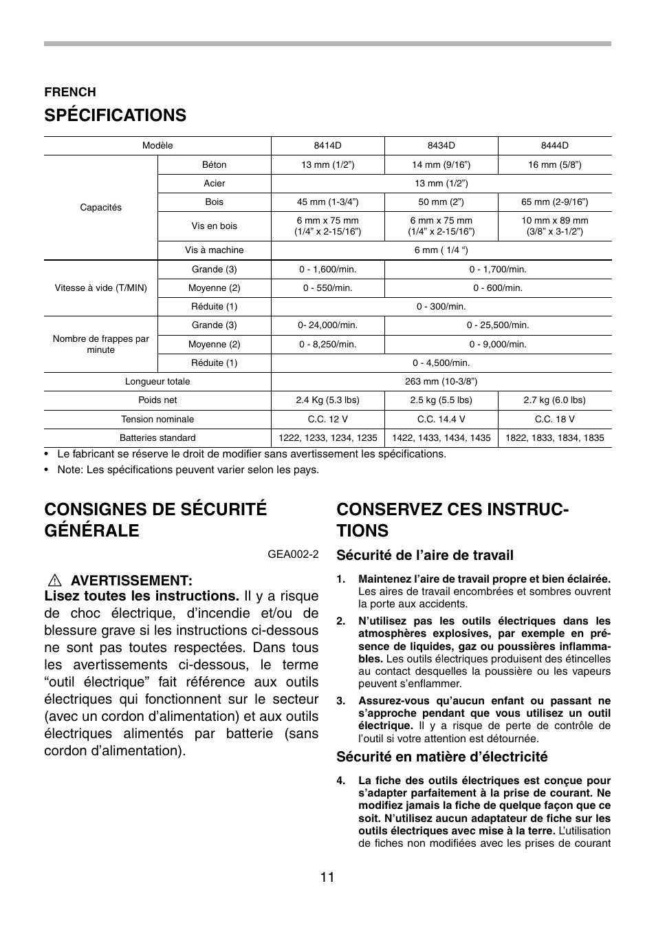 Spécifications, Consignes de sécurité générale, Conservez ces instruc- tions | Sécurité de l’aire de travail, Sécurité en matière d’électricité, French | Makita 8434D User Manual | Page 11 / 32