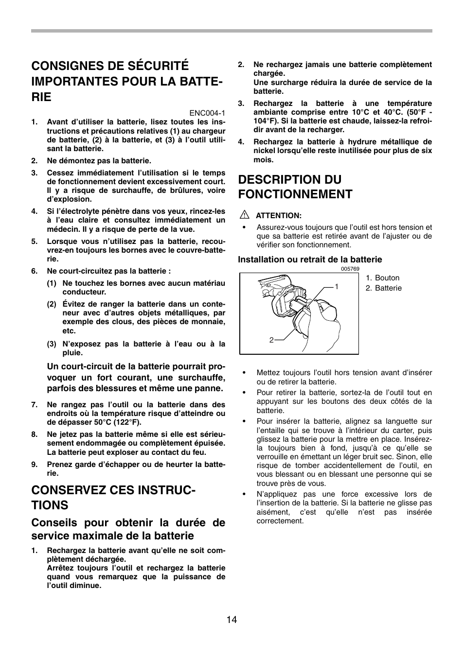 Conservez ces instruc- tions, Description du fonctionnement | Makita 8434D User Manual | Page 14 / 32