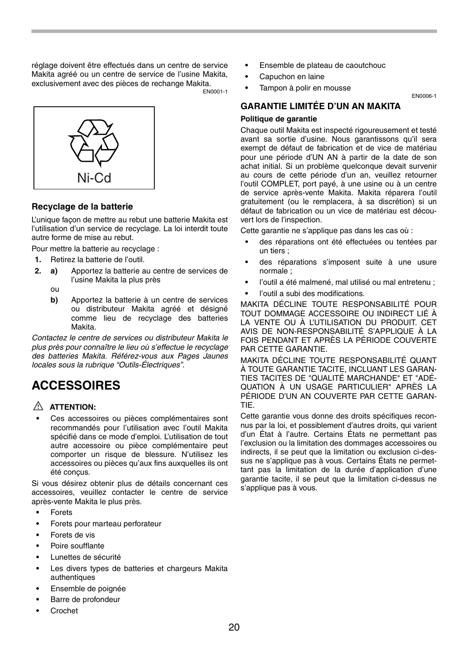 Ni-cd, Accessoires | Makita 8434D User Manual | Page 20 / 32