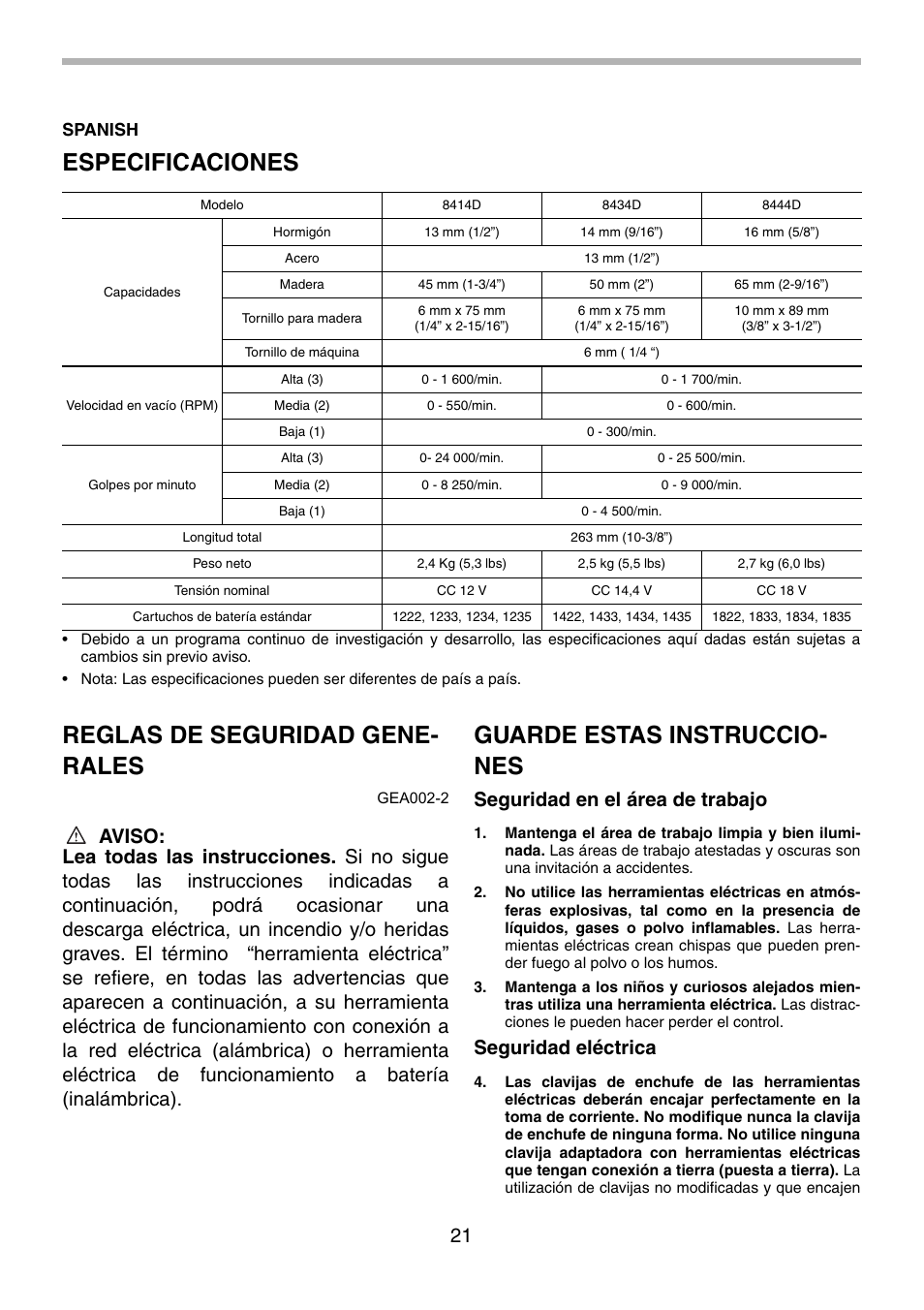 Especificaciones, Reglas de seguridad gene- rales, Guarde estas instruccio- nes | Seguridad en el área de trabajo, Seguridad eléctrica, Spanish | Makita 8434D User Manual | Page 21 / 32