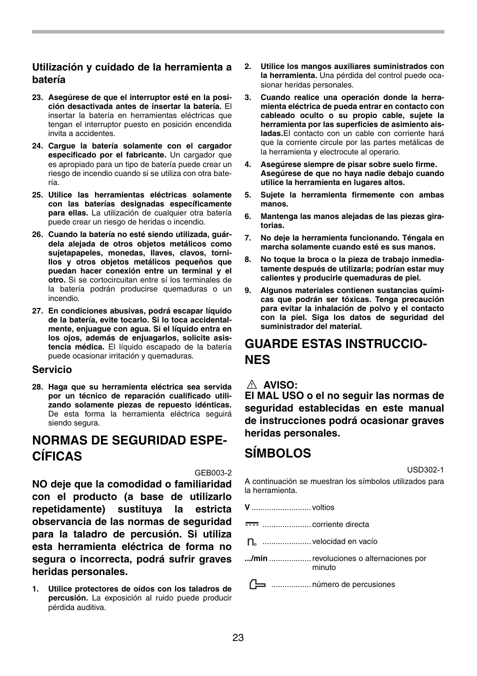 Normas de seguridad espe- cíficas, Guarde estas instruccio- nes, Símbolos | Makita 8434D User Manual | Page 23 / 32