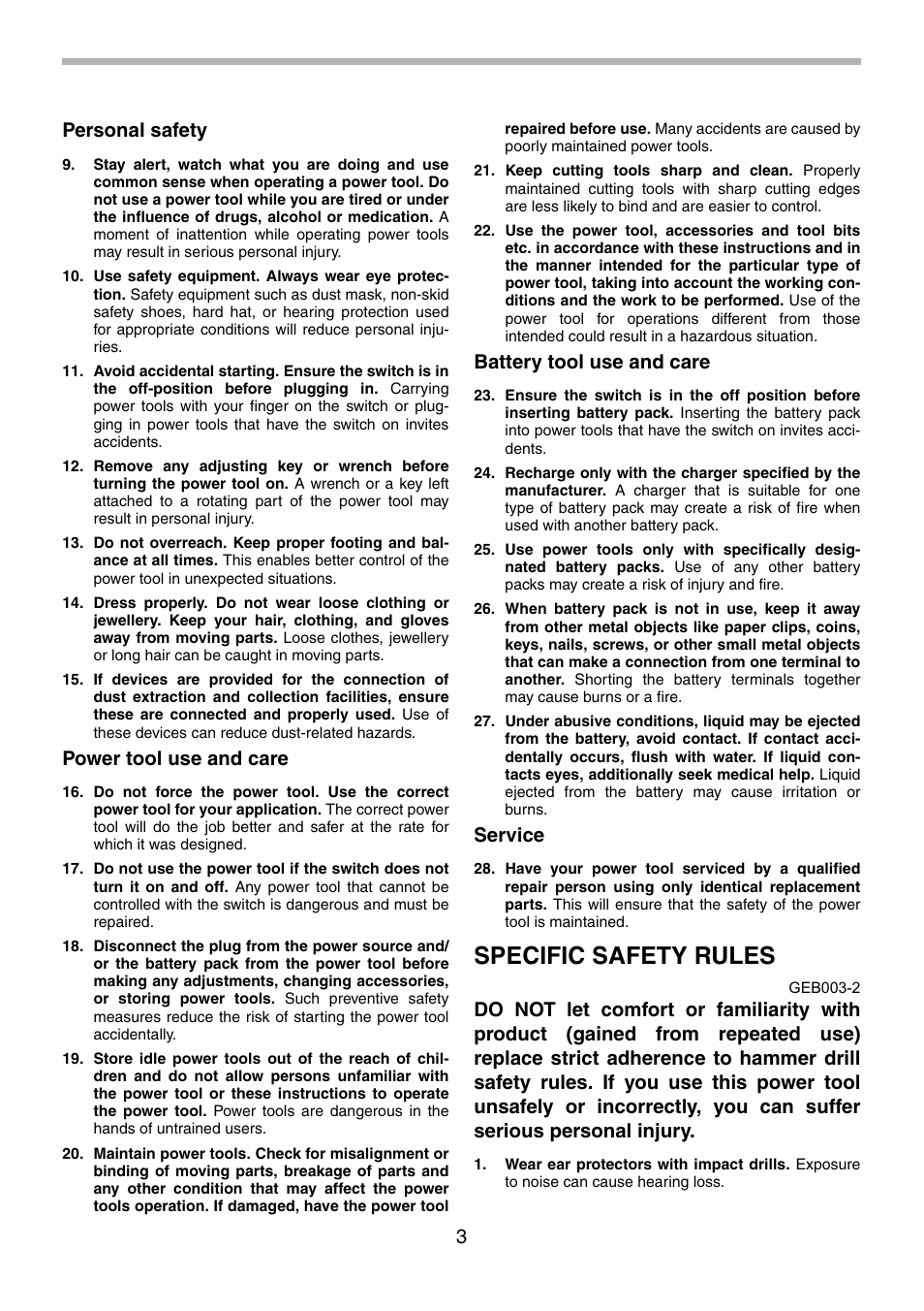 Specific safety rules, 3personal safety, Power tool use and care | Battery tool use and care, Service | Makita 8434D User Manual | Page 3 / 32