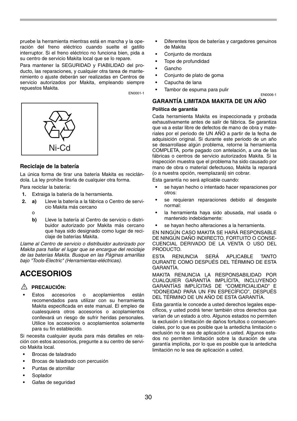 Ni-cd, Accesorios | Makita 8434D User Manual | Page 30 / 32