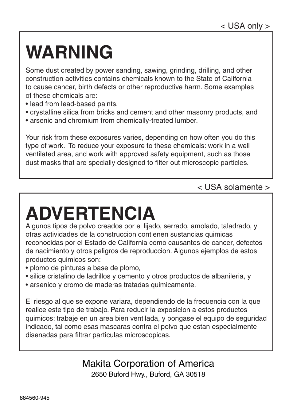 Warning, Advertencia | Makita 8434D User Manual | Page 32 / 32