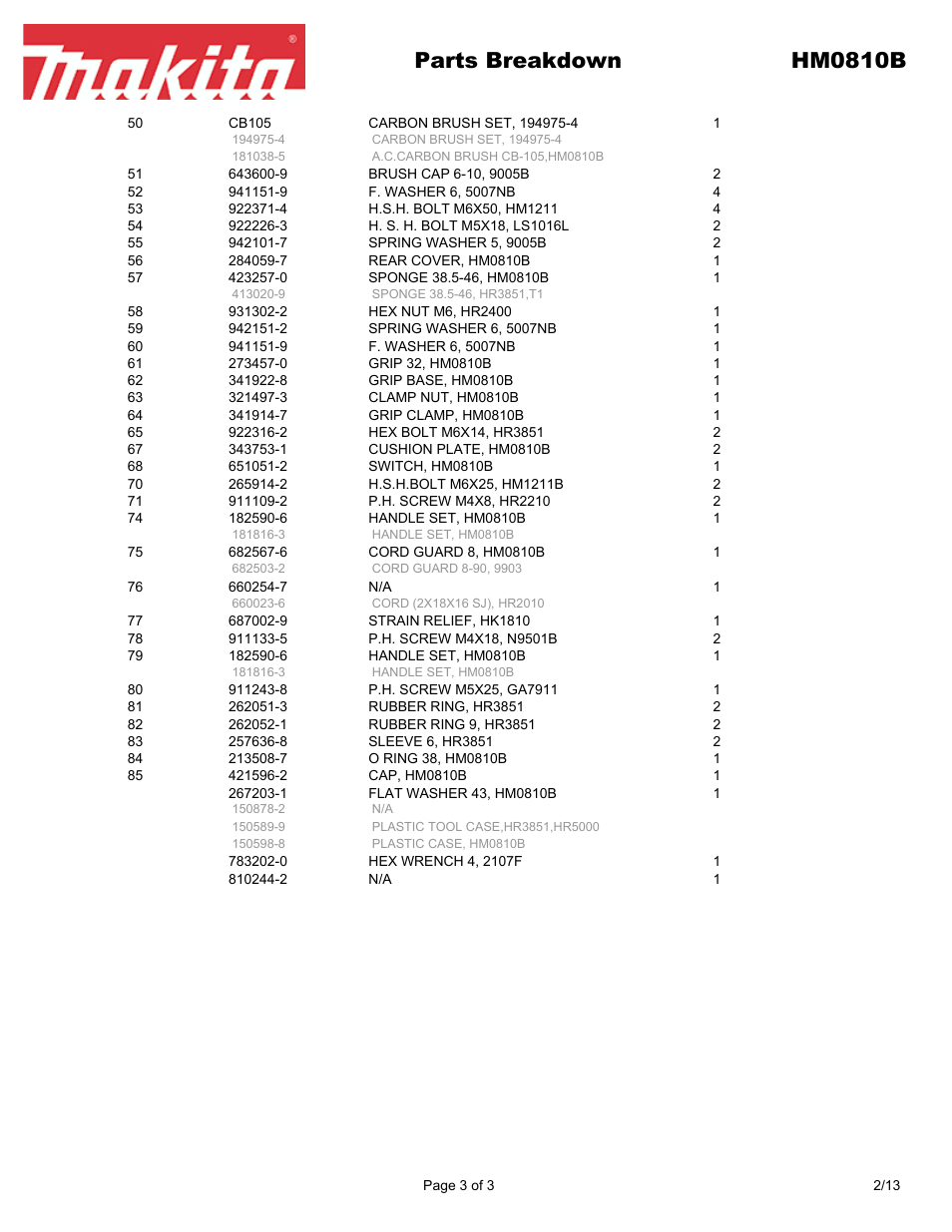 Parts breakdown hm0810b | Makita HM0810B User Manual | Page 3 / 3