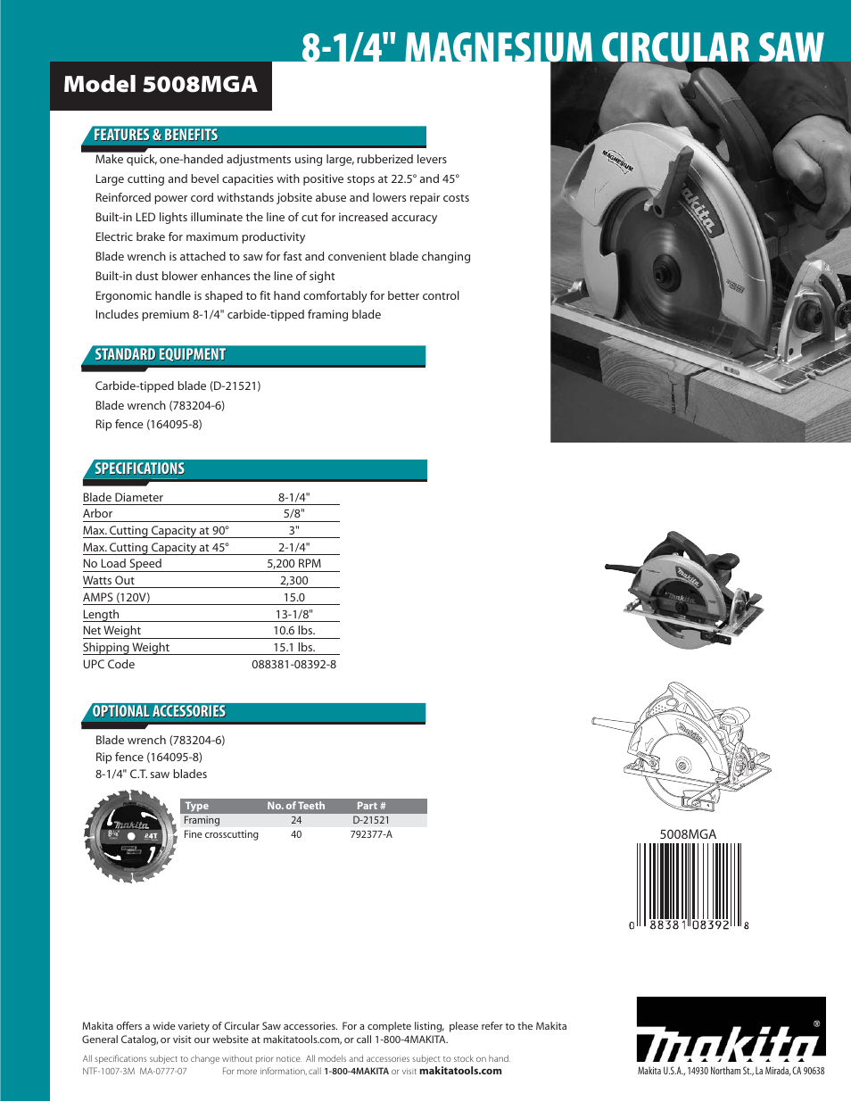 1/4" magnesium circular saw, Model 5008mga, Features & benefits | Specifications | Makita 50008MGA User Manual | Page 2 / 2