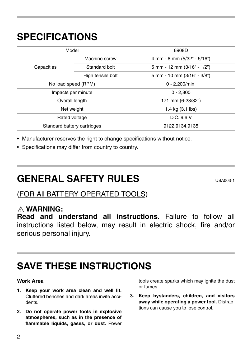 Specifications, General safety rules, Save these instructions | Makita 6908D User Manual | Page 2 / 16