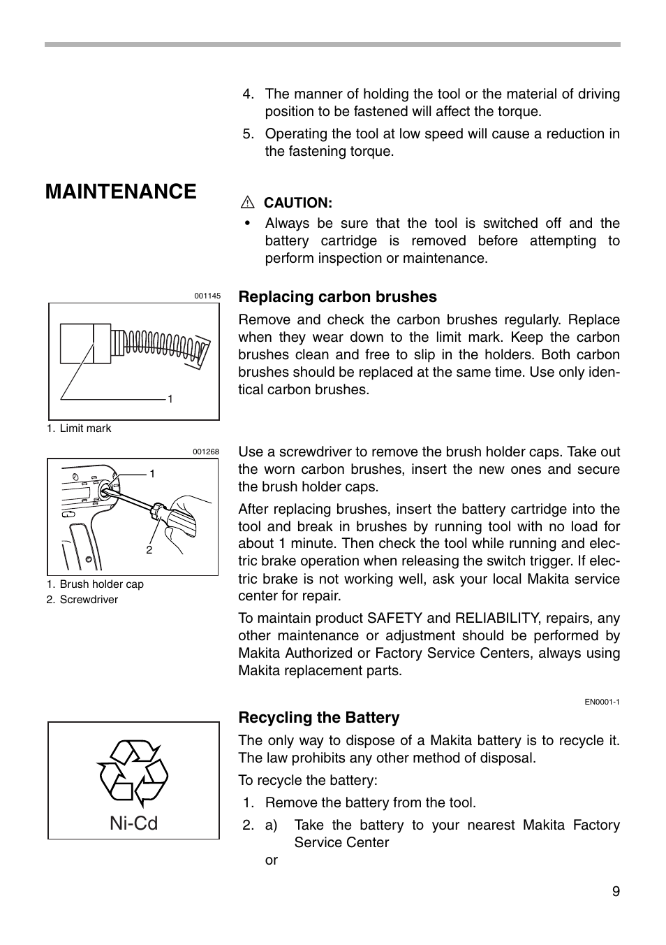 Maintenance, Ni-cd | Makita 6908D User Manual | Page 9 / 16