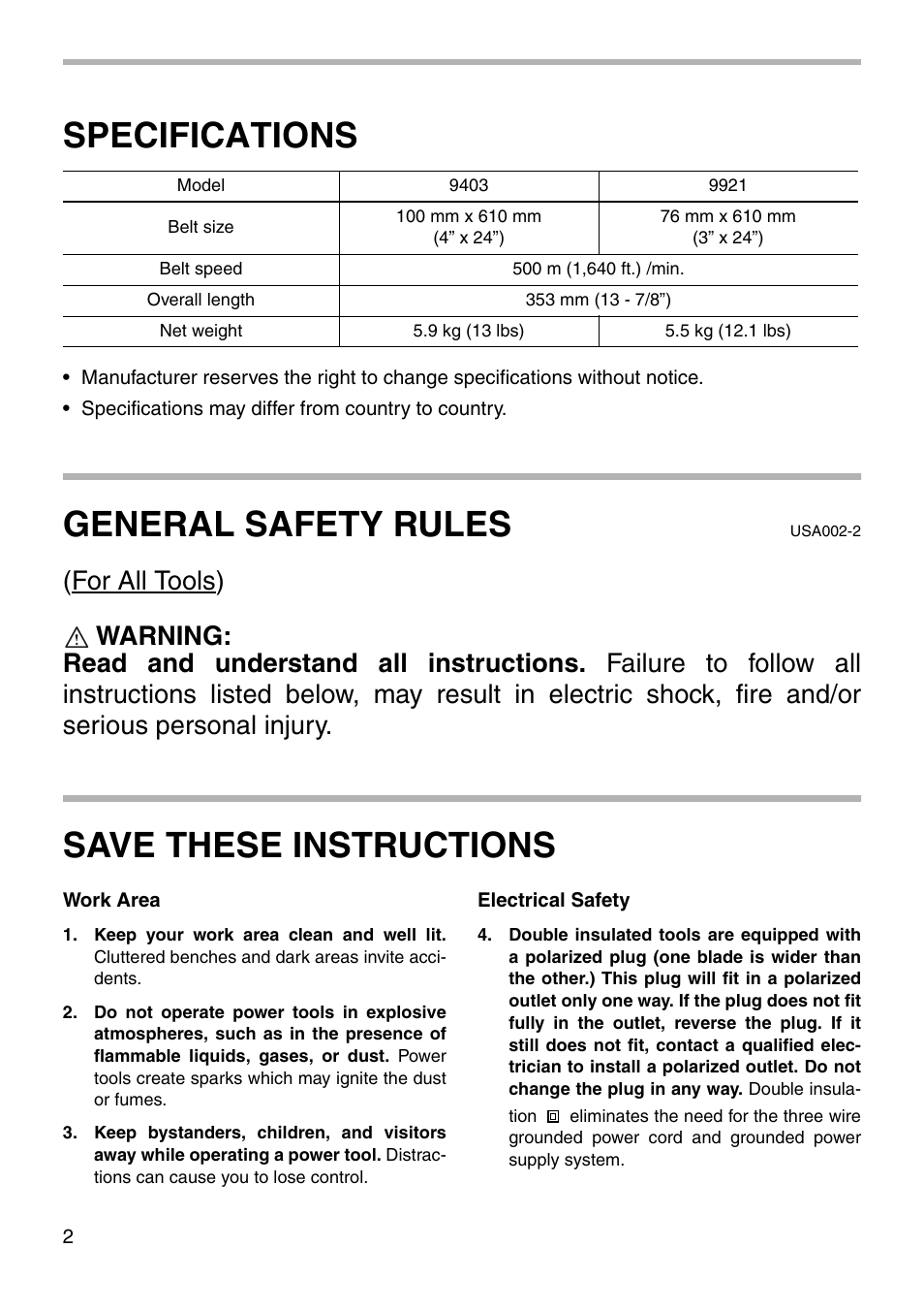 Specifications, General safety rules, Save these instructions | Makita 9921 User Manual | Page 2 / 16