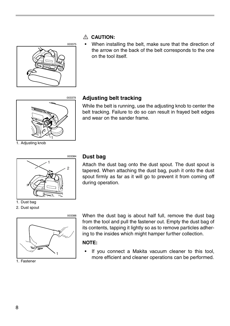 Adjusting belt tracking, Dust bag | Makita 9921 User Manual | Page 8 / 16