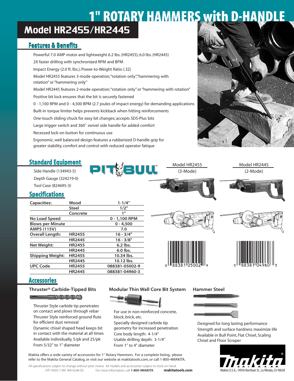1'' rotary hammers with d-handle, Features & benefits, Standard equipment | Makita HR2455 (3-Mode) User Manual | Page 2 / 2