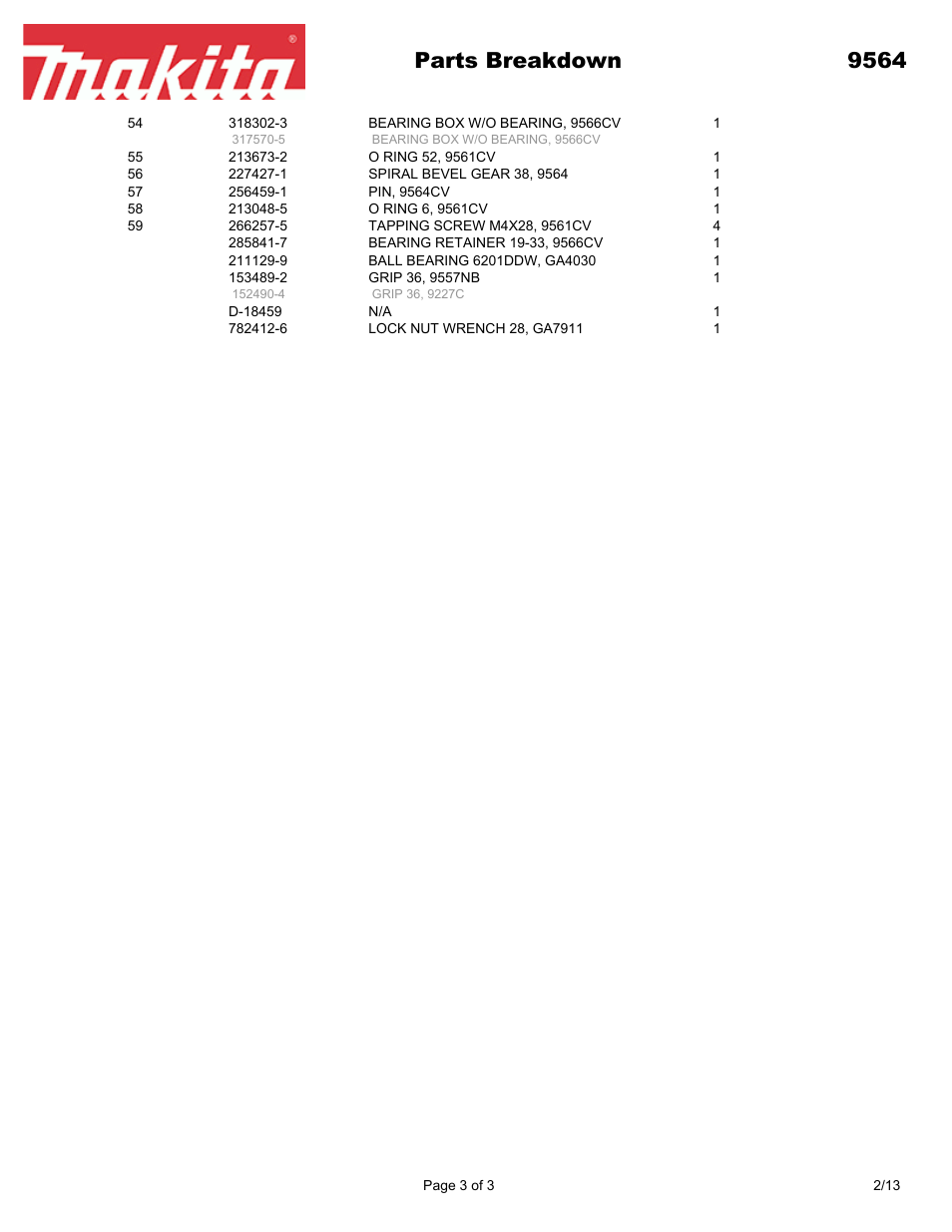 Parts breakdown 9564 | Makita 9564 User Manual | Page 3 / 3