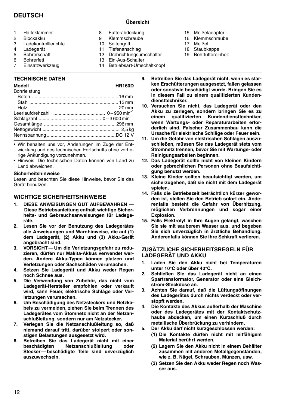 Deutsch | Makita CORDLESS ROTARY HAMMER HR160D User Manual | Page 12 / 64