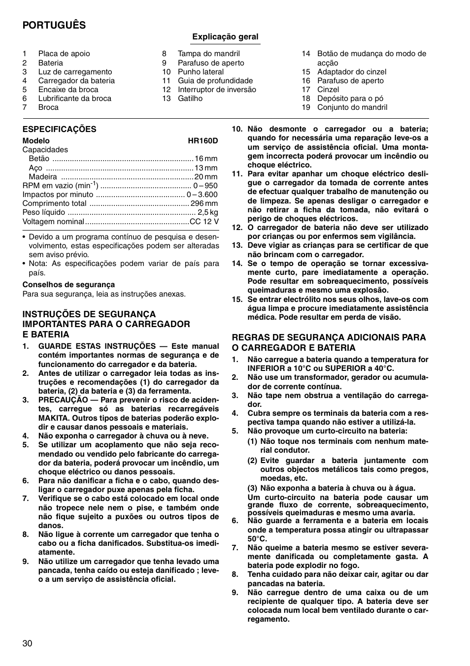 Português | Makita CORDLESS ROTARY HAMMER HR160D User Manual | Page 30 / 64