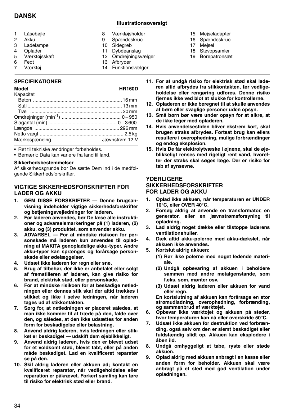 Dansk | Makita CORDLESS ROTARY HAMMER HR160D User Manual | Page 34 / 64