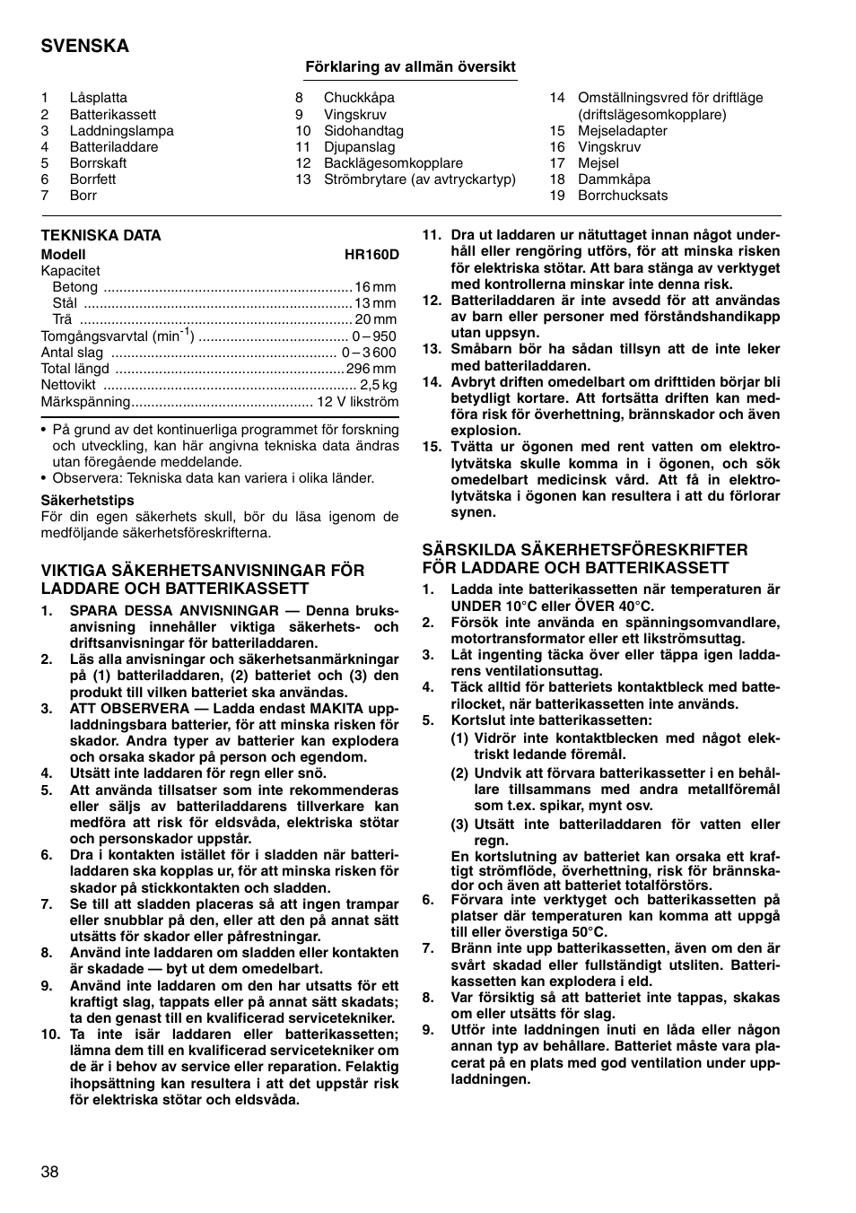 Svenska | Makita CORDLESS ROTARY HAMMER HR160D User Manual | Page 38 / 64