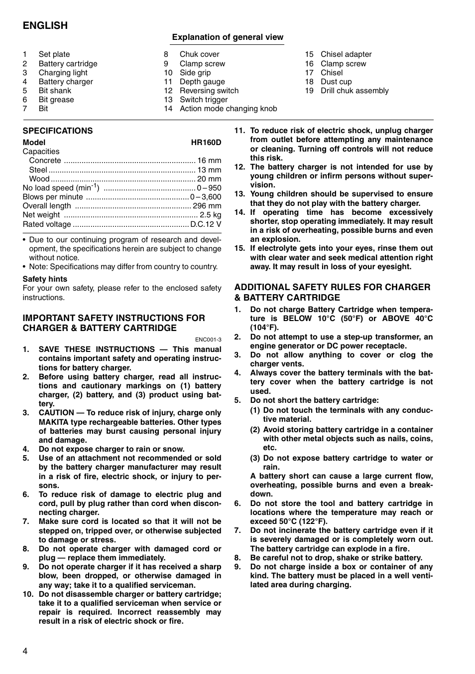 English | Makita CORDLESS ROTARY HAMMER HR160D User Manual | Page 4 / 64