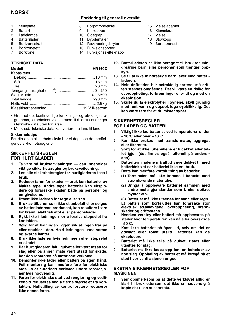 Norsk | Makita CORDLESS ROTARY HAMMER HR160D User Manual | Page 42 / 64