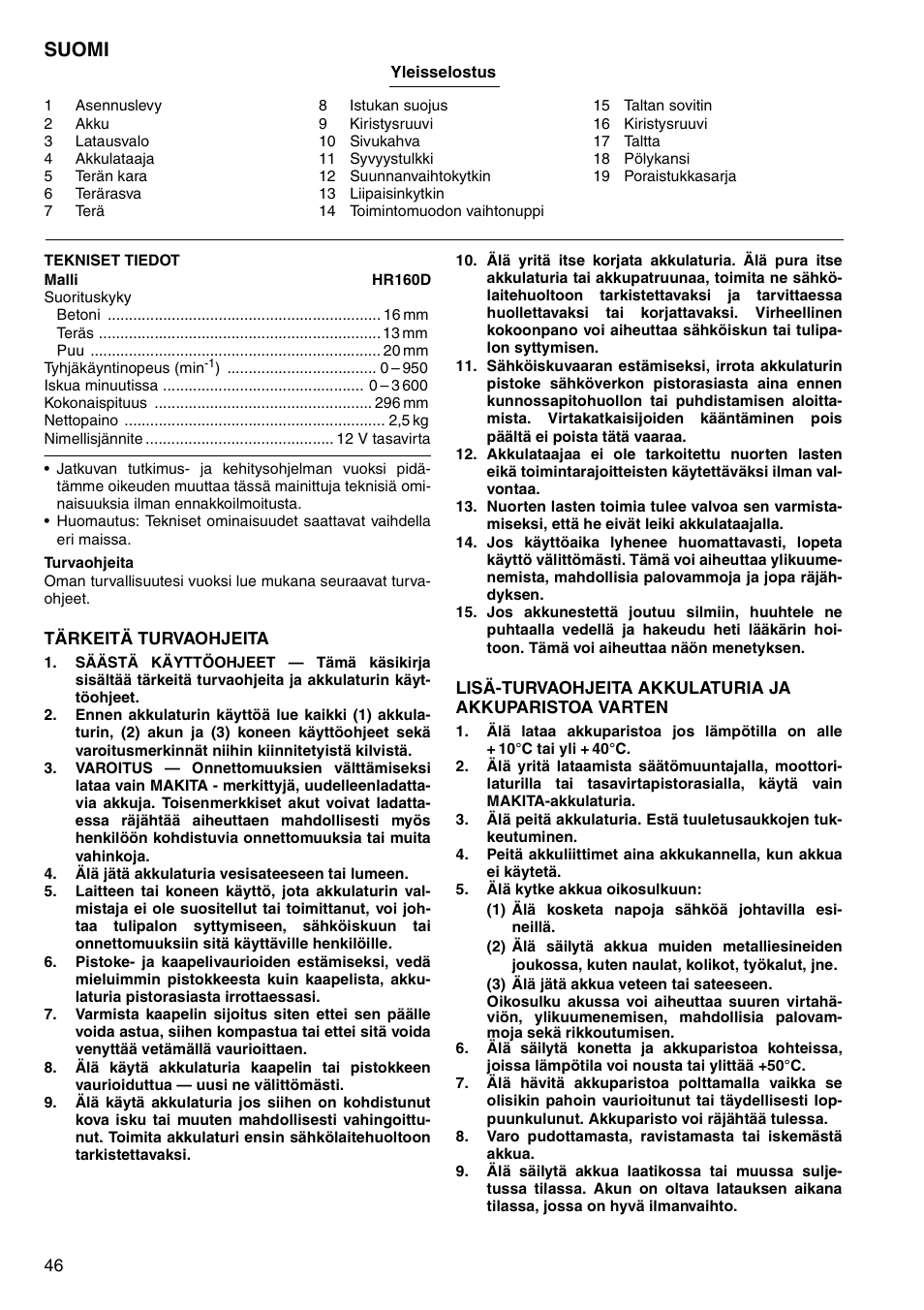 Suomi | Makita CORDLESS ROTARY HAMMER HR160D User Manual | Page 46 / 64