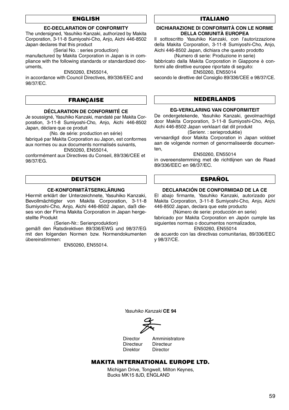 Makita CORDLESS ROTARY HAMMER HR160D User Manual | Page 59 / 64