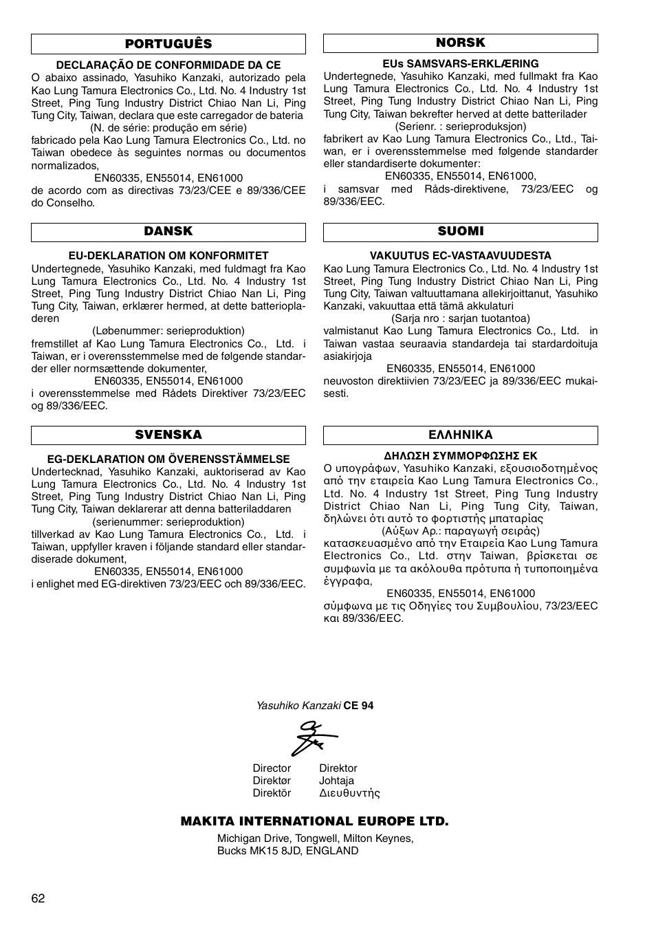 Makita CORDLESS ROTARY HAMMER HR160D User Manual | Page 62 / 64