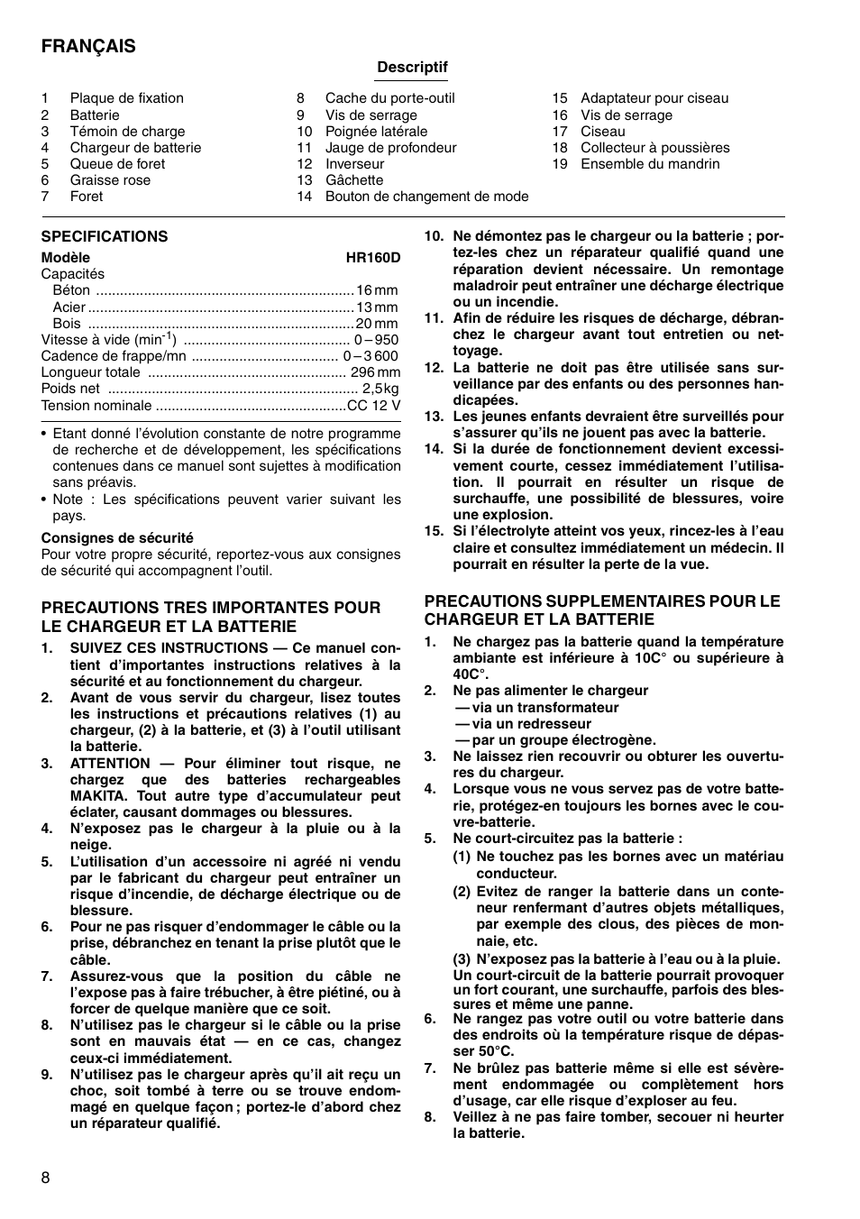 Français | Makita CORDLESS ROTARY HAMMER HR160D User Manual | Page 8 / 64