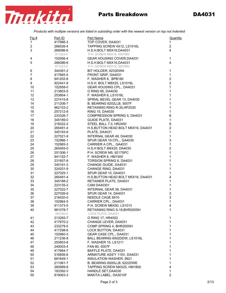 Parts breakdown da4031 | Makita DA403 User Manual | Page 2 / 3