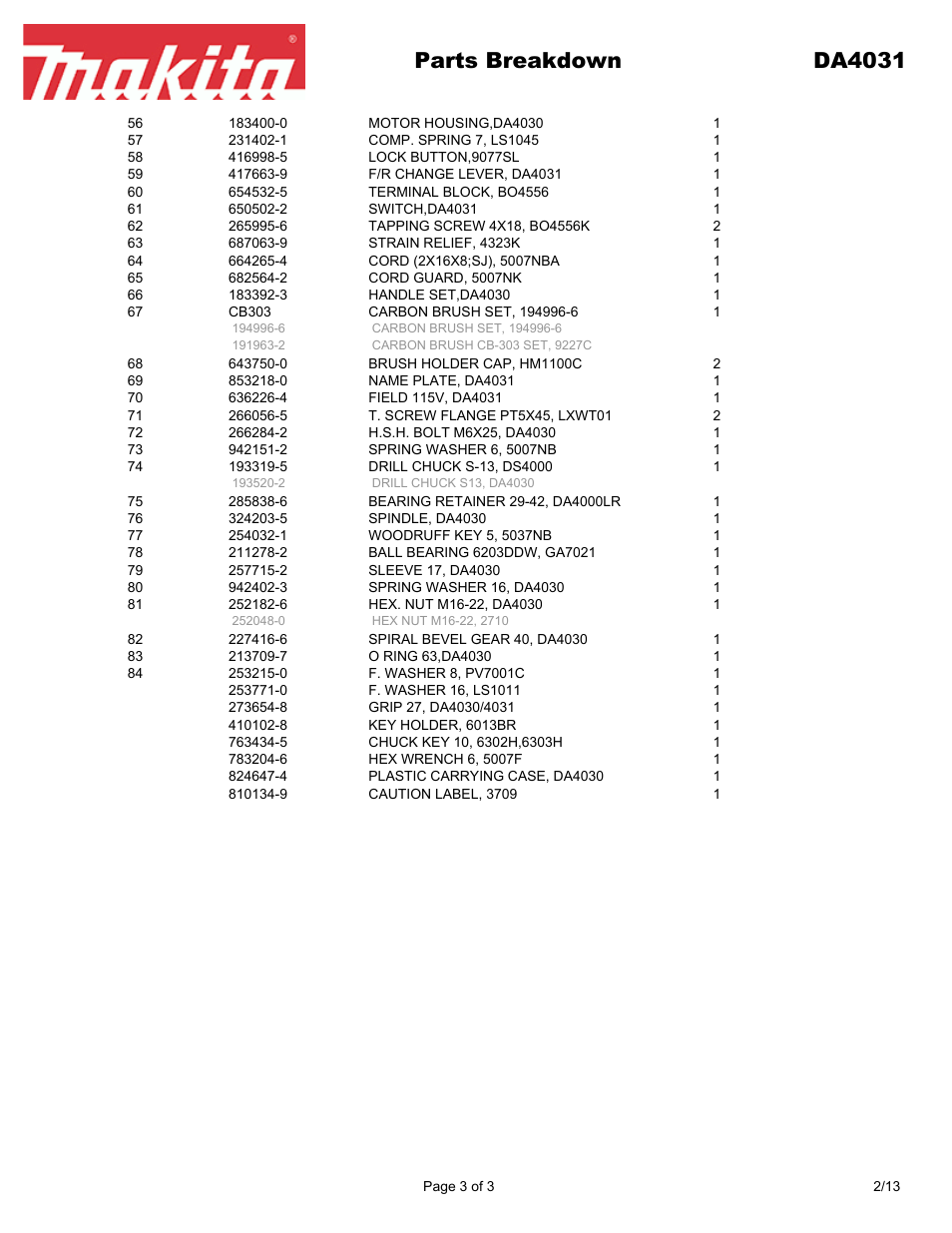 Parts breakdown da4031 | Makita DA403 User Manual | Page 3 / 3