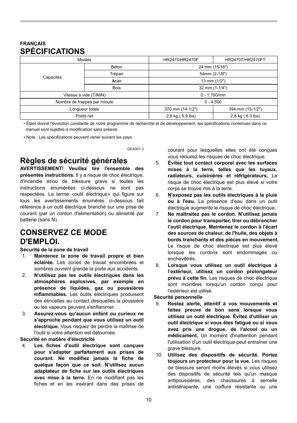 Spécifications, Règles de sécurité générales, Conservez ce mode d'emploi | Makita HR2470 User Manual | Page 10 / 28