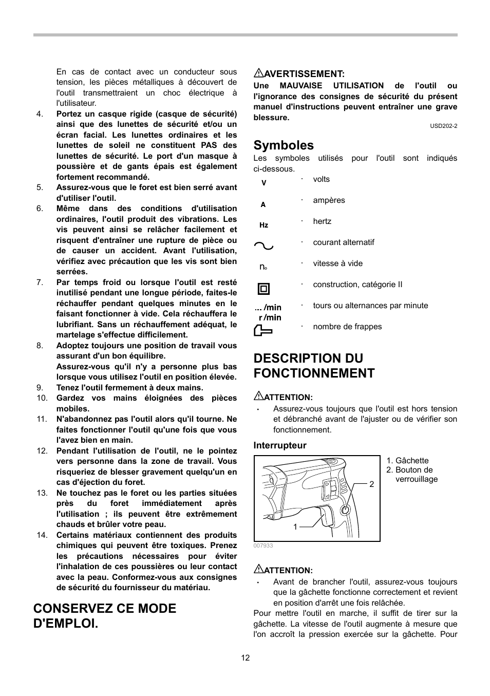 Conservez ce mode d'emploi, Symboles, Description du fonctionnement | Makita HR2470 User Manual | Page 12 / 28